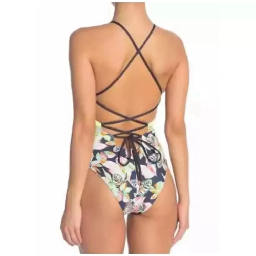 NWT MAAJI Reversible Lime Neon Floral One-Piece Swimsuit